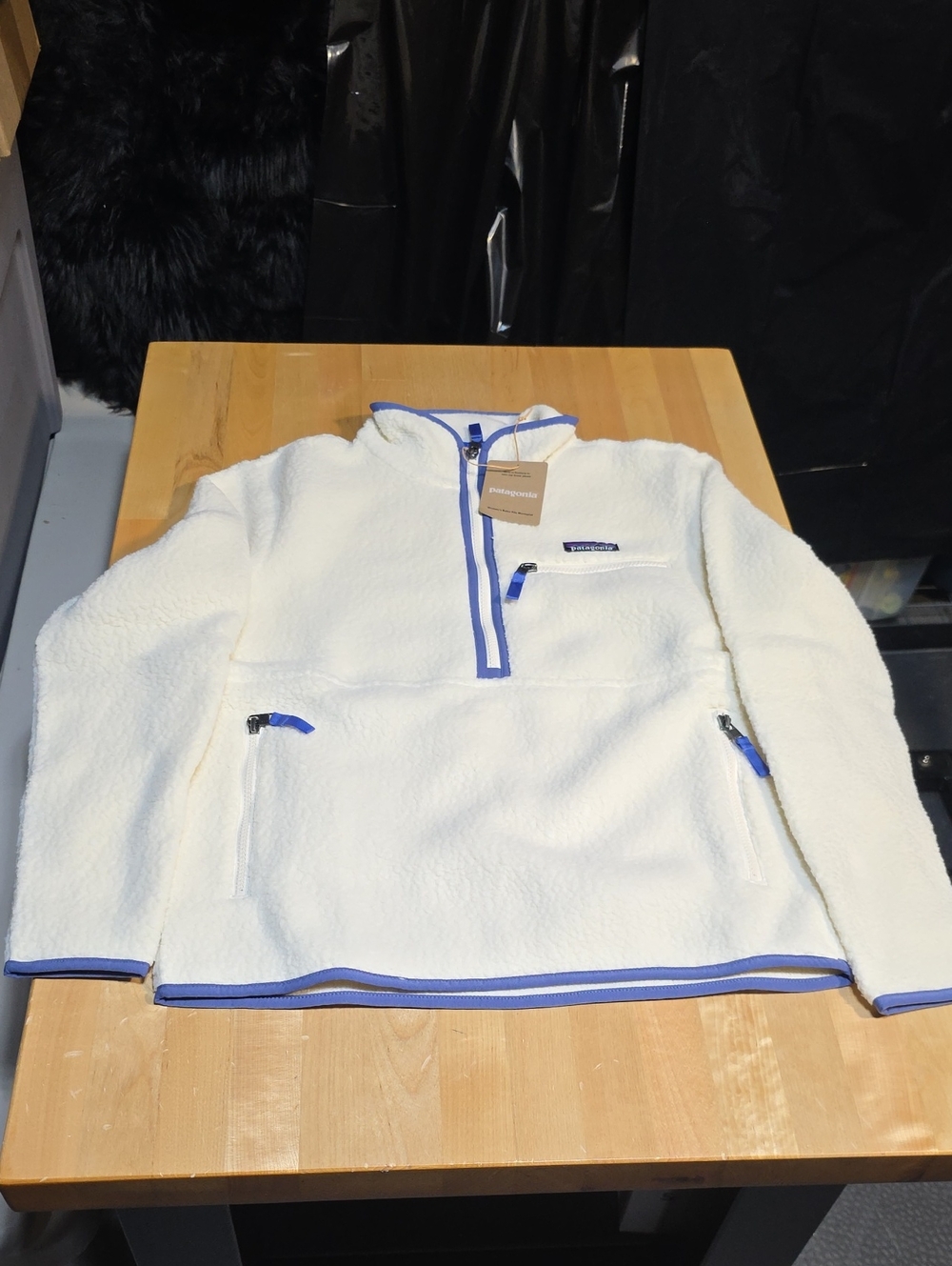 Patagonia Women’s Cream Sherpa Zip Pullover with Blue Trim